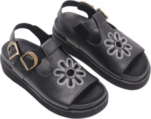 Brown Flower Platform Sandals for Women with Adjustable Buckle Back Strap Comfort Summer Open Toe Slip on Slingback T-Strap Beach Sandals.
