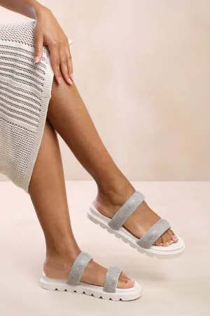 CAITLYN FLAT SANDAL WITH CLEAR DIAMOND STRAP IN WHITE PU