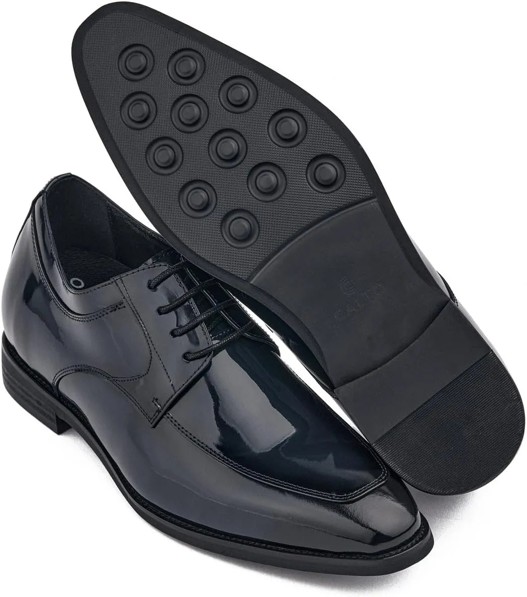 CALTO Men's Invisible Height Increasing Elevator Shoes - Midnight Blue Patent Leather Lace-up Formal Dress Oxfords - 2.8 Inches Taller - K2712 - Size 6 D(M) US