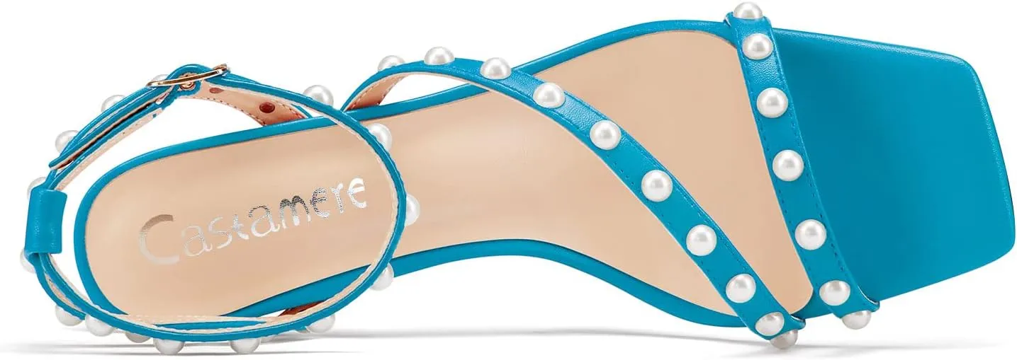 Castamere Women Mid Heel Open Toe Ankle Strap Sandals Pearls Cross-Strap Wedding Dress 3.2 Inches Heels