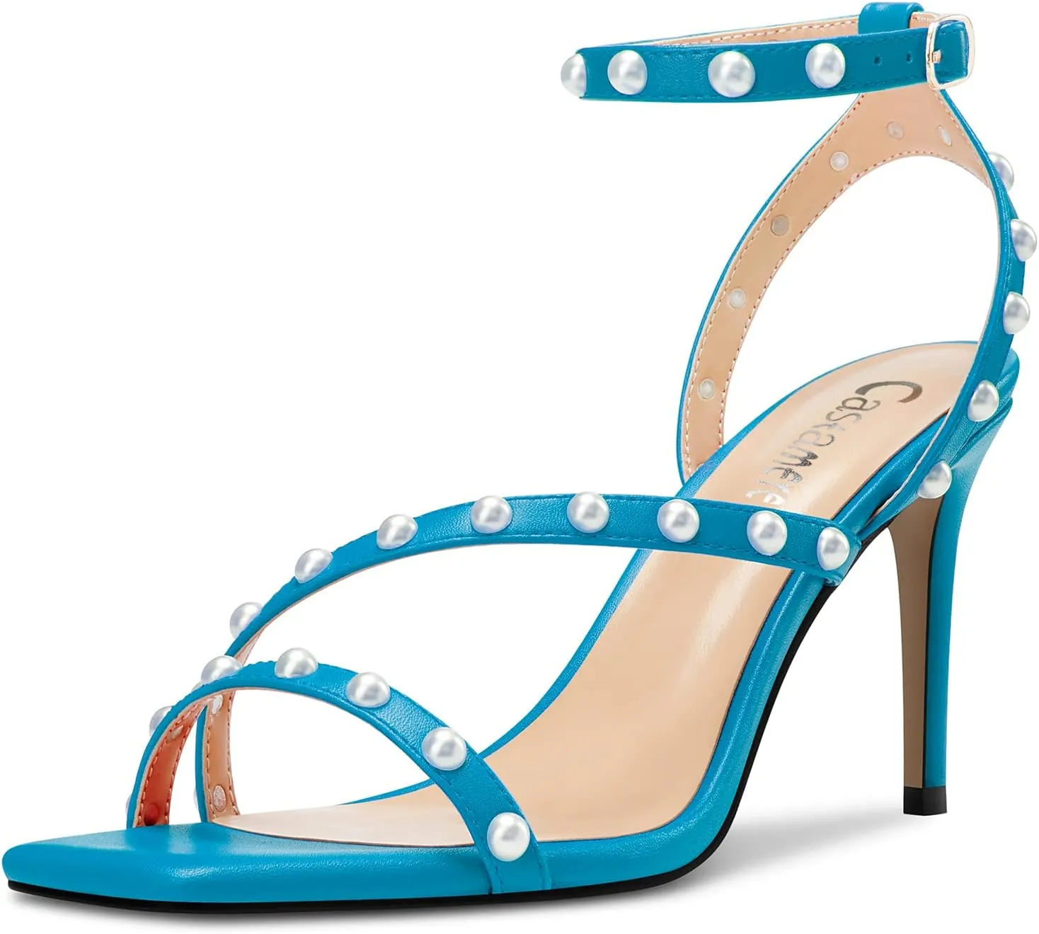 Castamere Women Mid Heel Open Toe Ankle Strap Sandals Pearls Cross-Strap Wedding Dress 3.2 Inches Heels