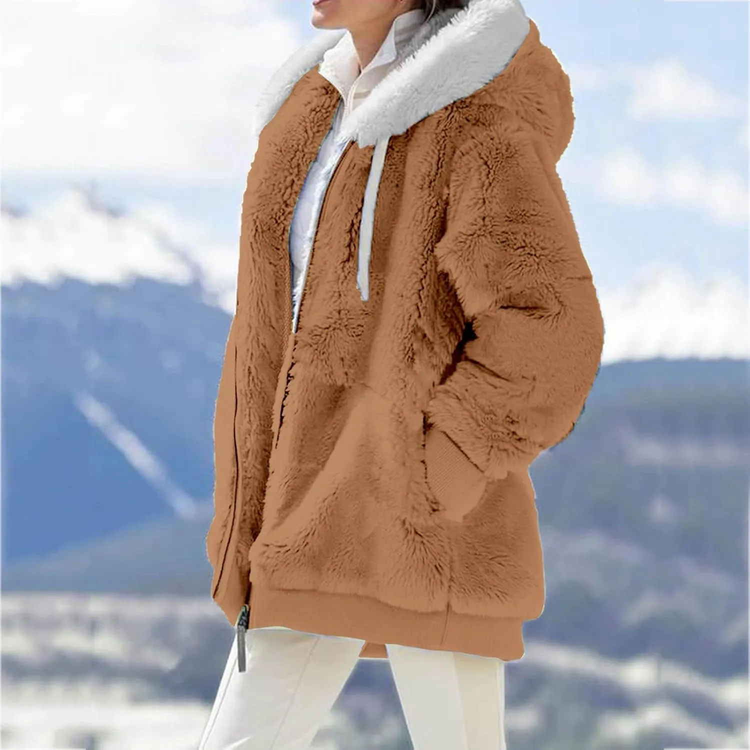 Casual Full Zip Sherpa Hoodies for Women Fleece Warm Soft Oversized Sweatshirts Drawstring Long Sleeve Winter Jackets