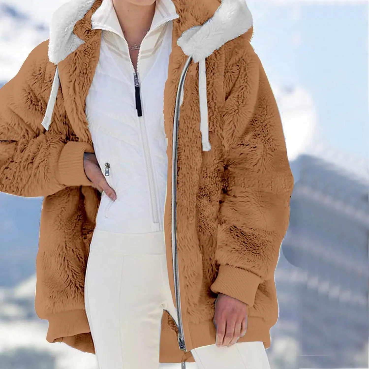 Casual Full Zip Sherpa Hoodies for Women Fleece Warm Soft Oversized Sweatshirts Drawstring Long Sleeve Winter Jackets