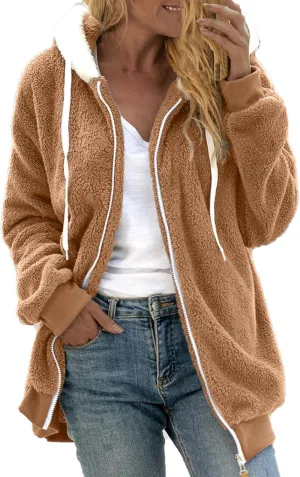Casual Full Zip Sherpa Hoodies for Women Fleece Warm Soft Oversized Sweatshirts Drawstring Long Sleeve Winter Jackets