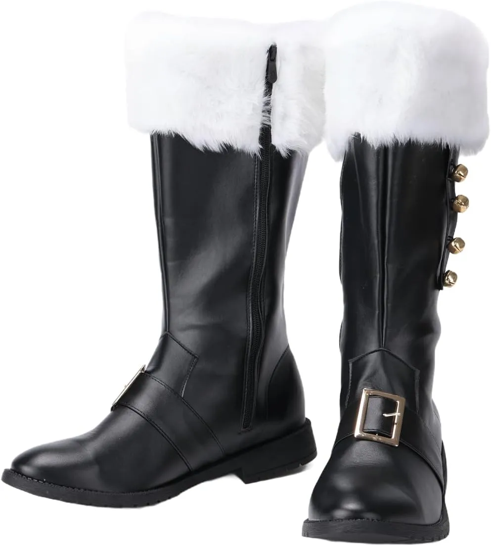 Christmas Santa Claus Boots, Men's Halloween Costume Black Boots Wide Calf with White Fur Shoes
