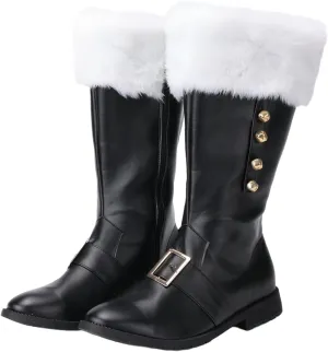 Christmas Santa Claus Boots, Men's Halloween Costume Black Boots Wide Calf with White Fur Shoes