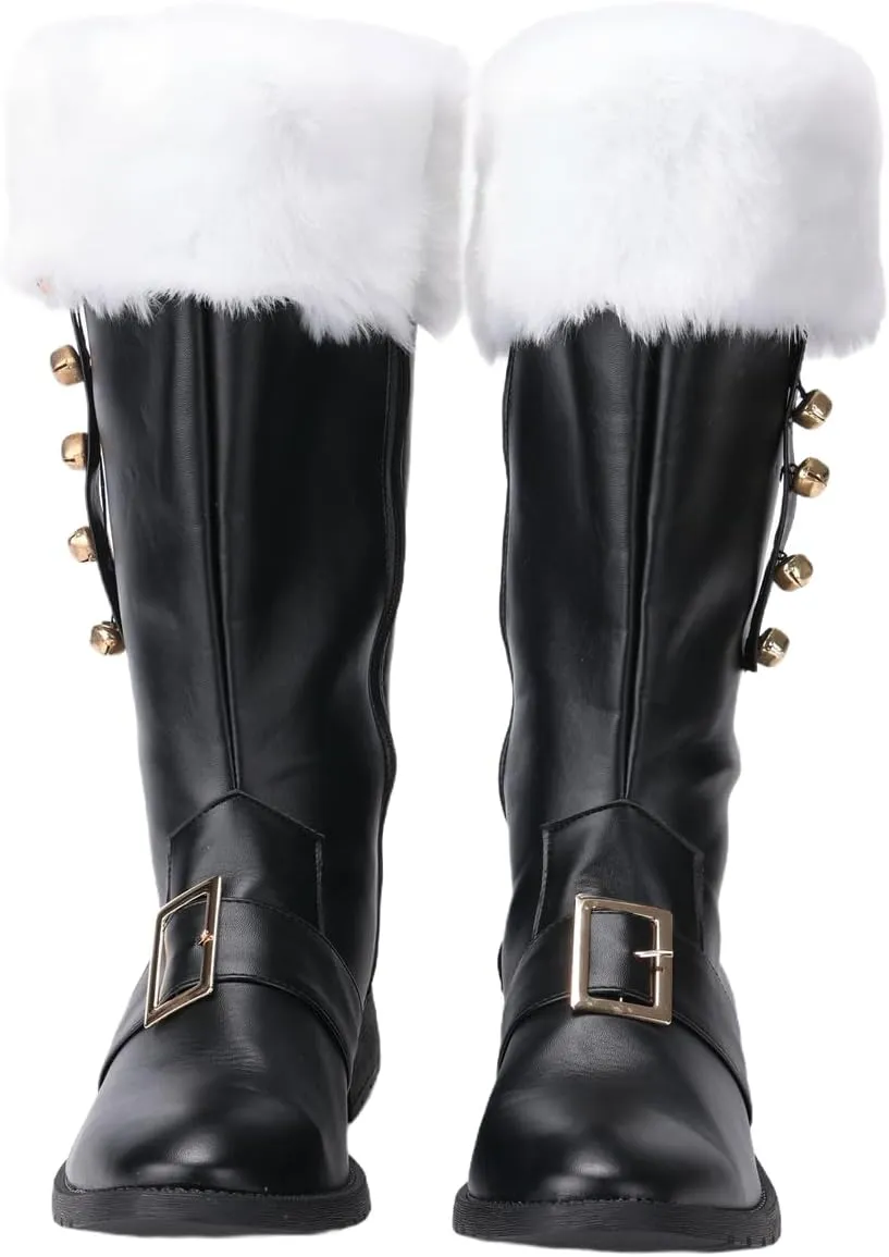 Christmas Santa Claus Boots, Men's Halloween Costume Black Boots Wide Calf with White Fur Shoes