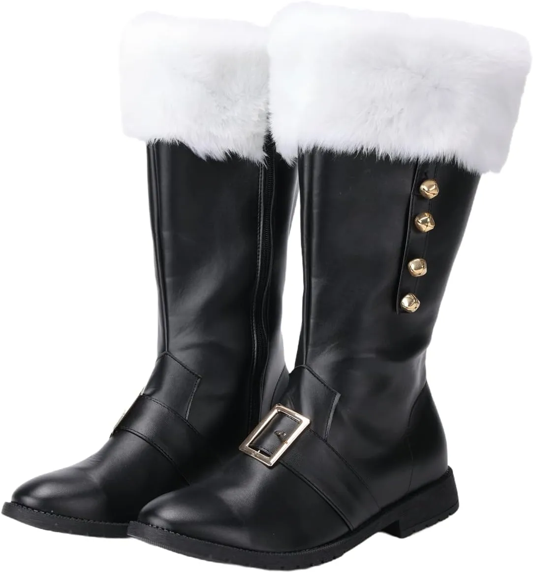 Christmas Santa Claus Boots, Men's Halloween Costume Black Boots Wide Calf with White Fur Shoes