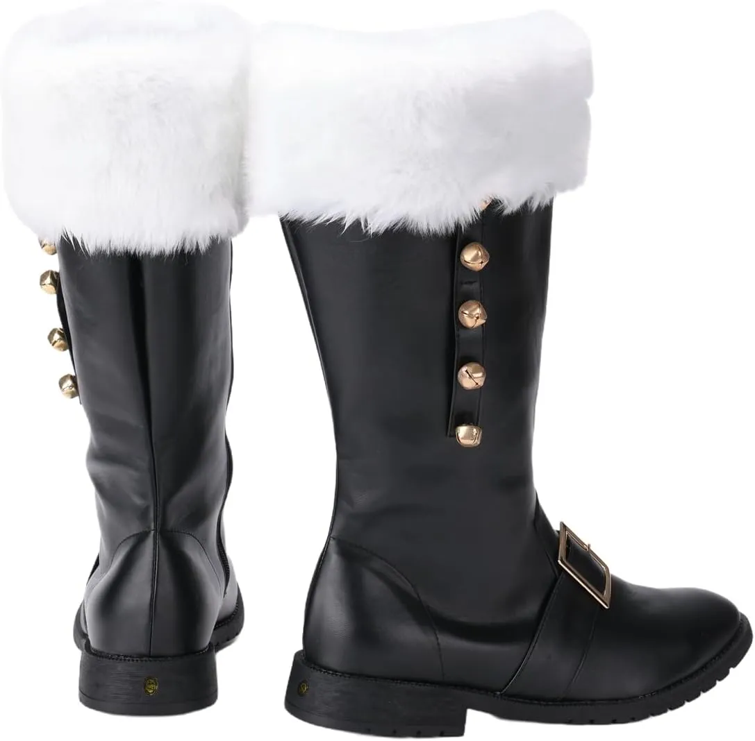 Christmas Santa Claus Boots, Men's Halloween Costume Black Boots Wide Calf with White Fur Shoes