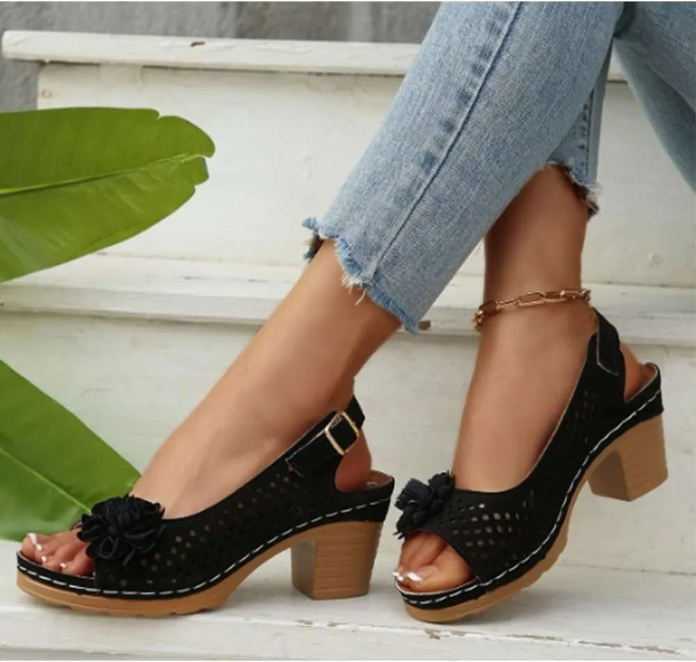 Chunky Block Low Heel Sandals for Women Stylish Adjustable ankle Strap Open Toe Hollow out Sandals with Floral Decor