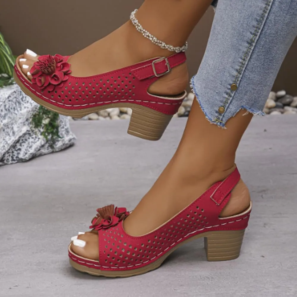 Chunky Block Low Heel Sandals for Women Stylish Adjustable ankle Strap Open Toe Hollow out Sandals with Floral Decor