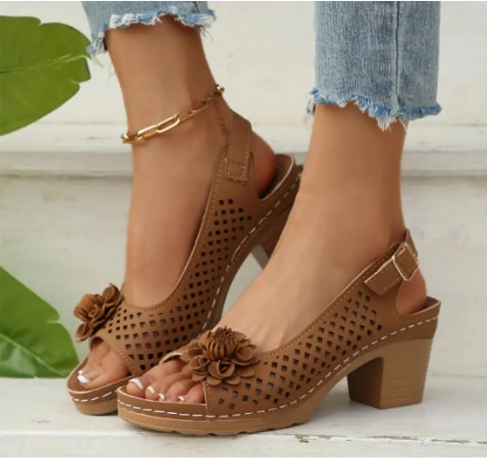 Chunky Block Low Heel Sandals for Women Stylish Adjustable ankle Strap Open Toe Hollow out Sandals with Floral Decor