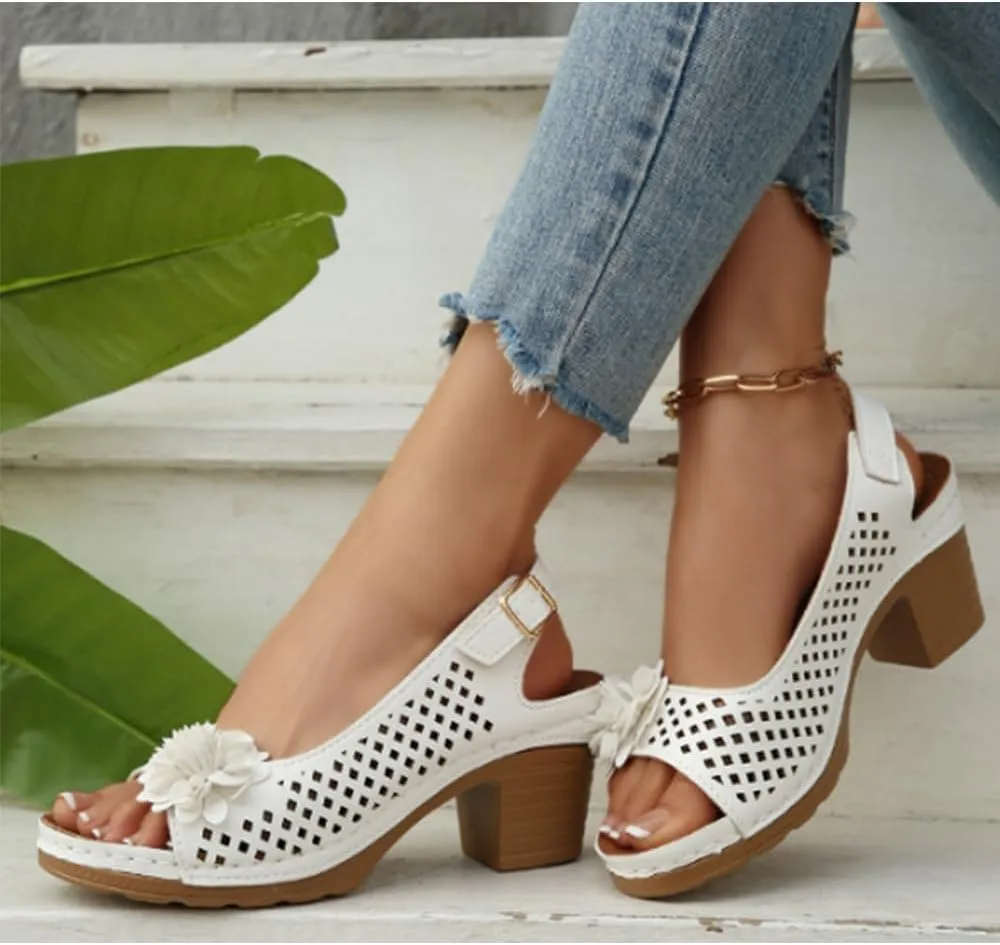 Chunky Block Low Heel Sandals for Women Stylish Adjustable ankle Strap Open Toe Hollow out Sandals with Floral Decor