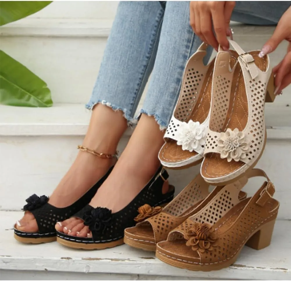 Chunky Block Low Heel Sandals for Women Stylish Adjustable ankle Strap Open Toe Hollow out Sandals with Floral Decor