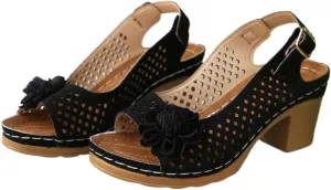 Chunky Block Low Heel Sandals for Women Stylish Adjustable ankle Strap Open Toe Hollow out Sandals with Floral Decor