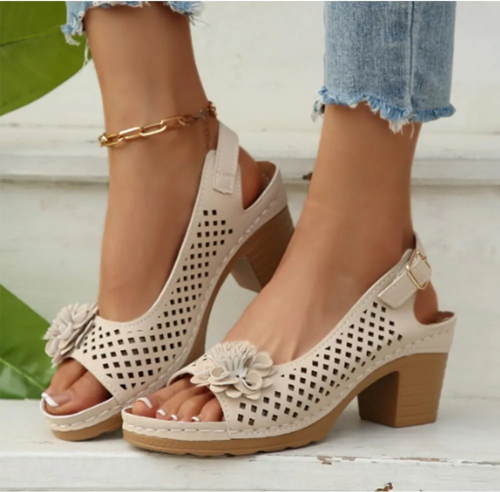 Chunky Block Low Heel Sandals for Women Stylish Adjustable ankle Strap Open Toe Hollow out Sandals with Floral Decor