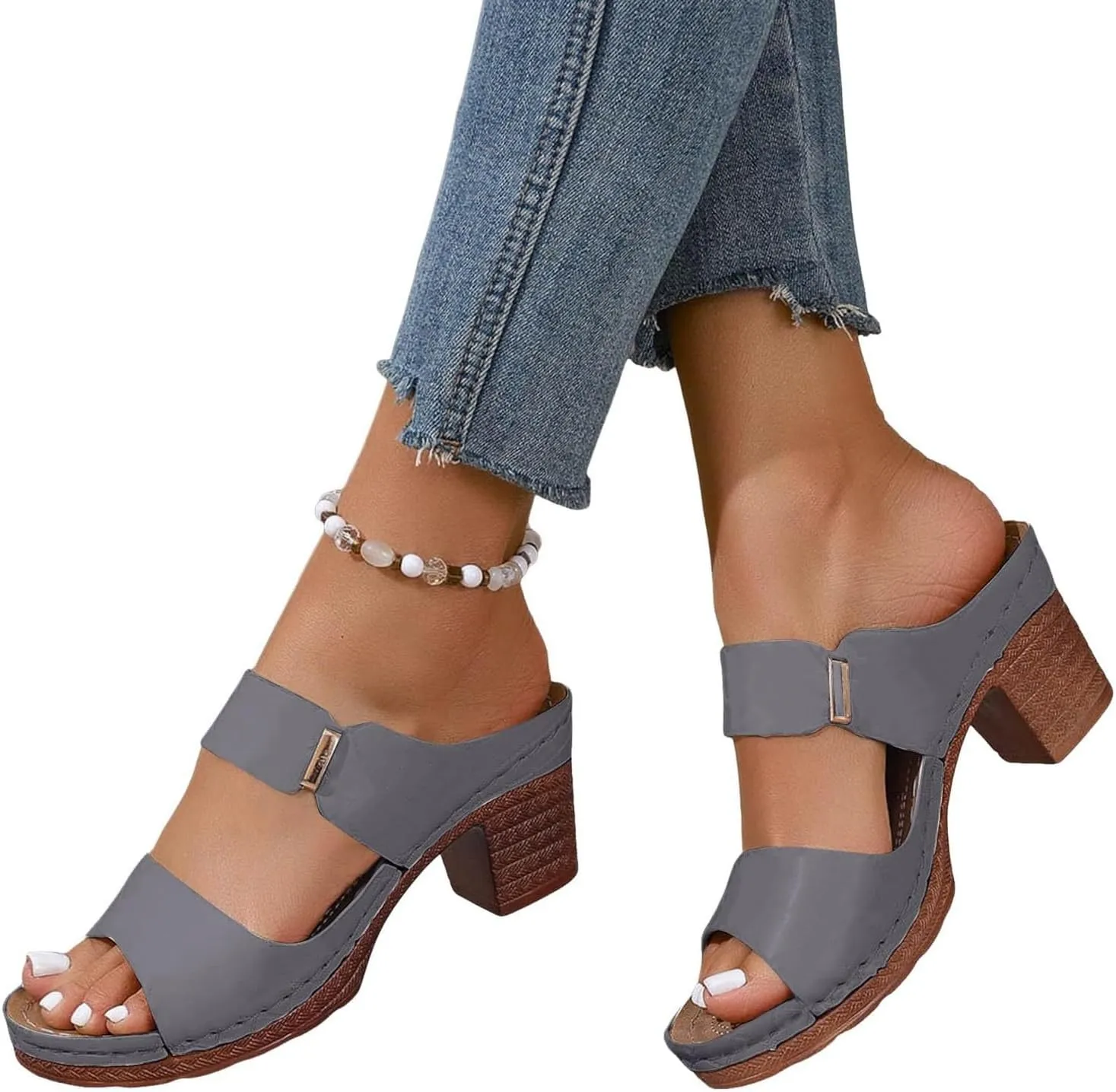 Chunky Heel Sandals for Women 2025 Summer Hollow Out Open Toe Low Heel Sandals, Comfortable Two Strap Slip on Wedges Trendy Dressy Dress Shoes