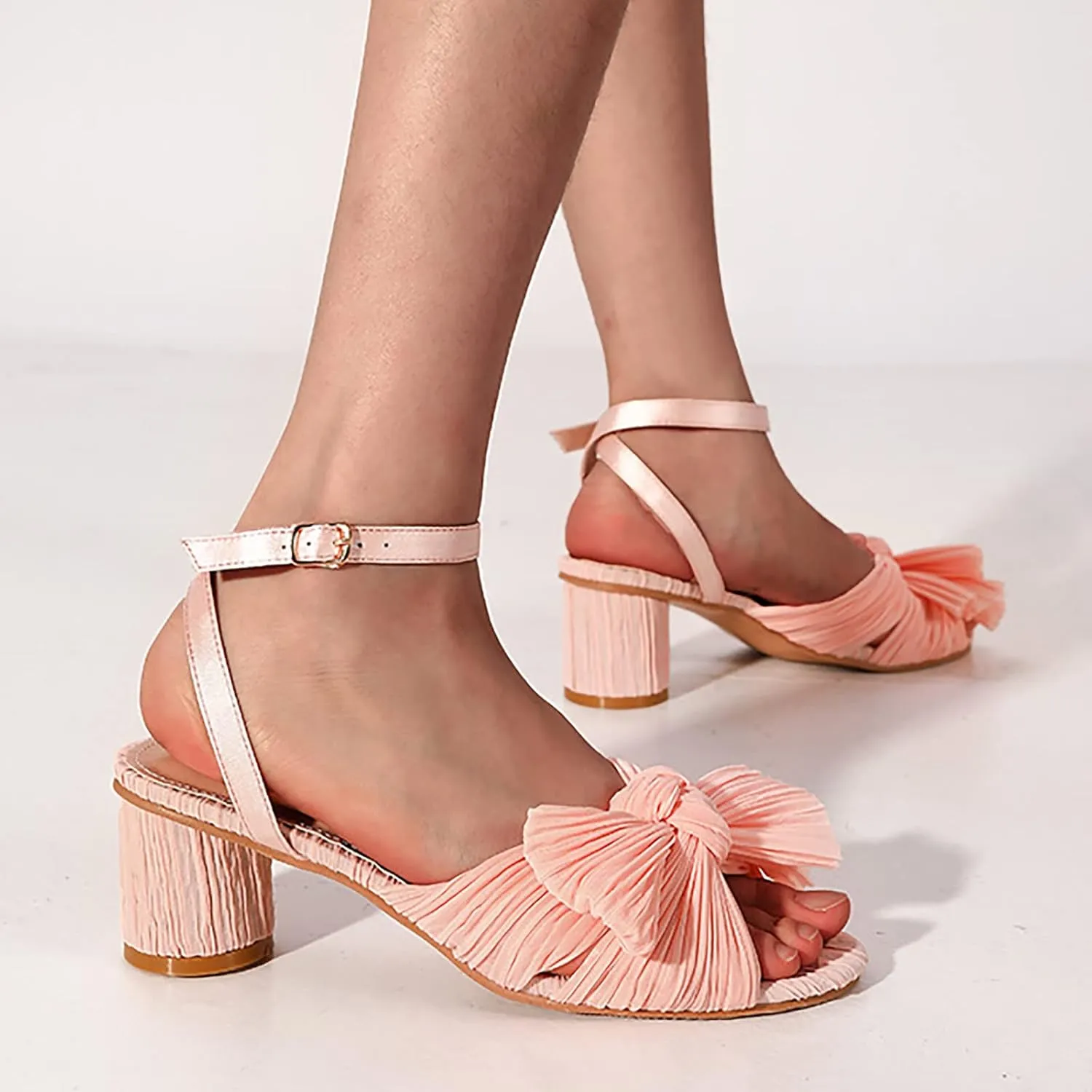 Chunky Heels Women's Bow Knot Sandals Open-Toe Cute Heels Comfort Wedding Bridal Shoes Party Shoes with Ankle Strap