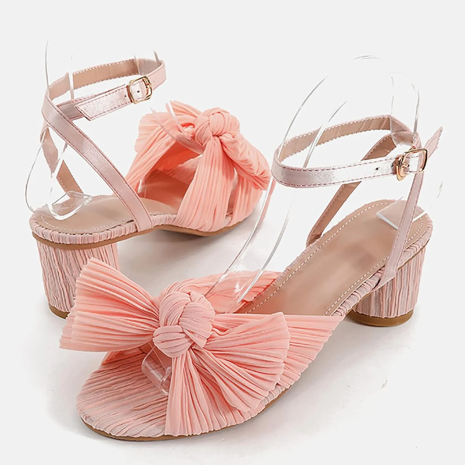 Chunky Heels Women's Bow Knot Sandals Open-Toe Cute Heels Comfort Wedding Bridal Shoes Party Shoes with Ankle Strap
