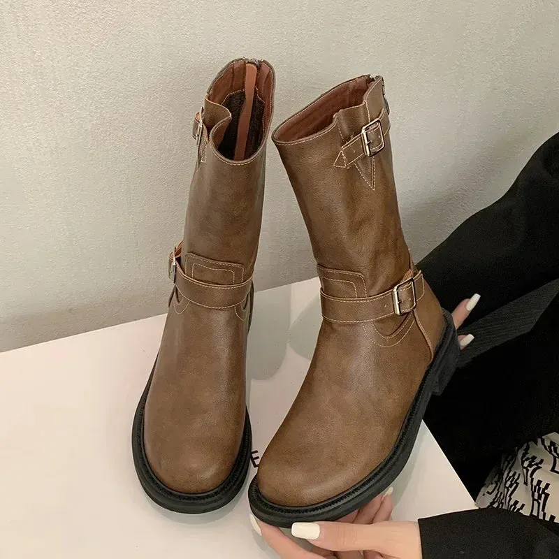 Chunky Women Short Boots Fashion Side Zippers Platform Thick Heel Motorcycle Booties Retro Style Autumn Winter Female Shoes