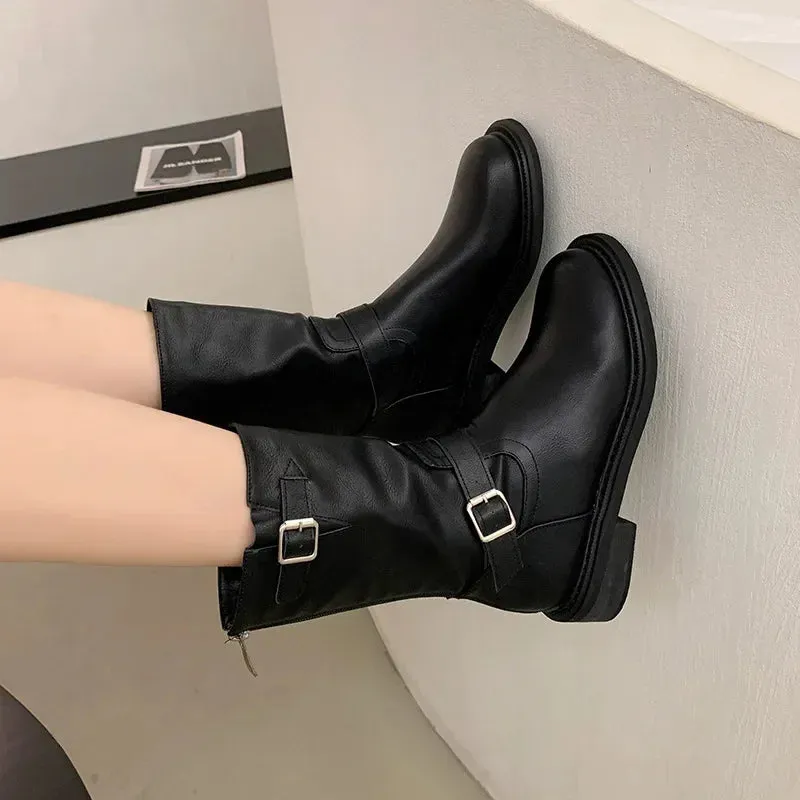 Chunky Women Short Boots Fashion Side Zippers Platform Thick Heel Motorcycle Booties Retro Style Autumn Winter Female Shoes