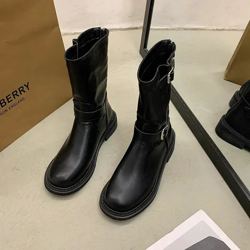 Chunky Women Short Boots Fashion Side Zippers Platform Thick Heel Motorcycle Booties Retro Style Autumn Winter Female Shoes