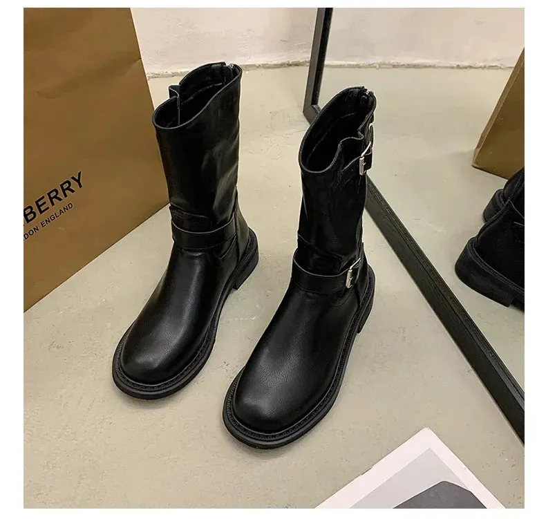 Chunky Women Short Boots Fashion Side Zippers Platform Thick Heel Motorcycle Booties Retro Style Autumn Winter Female Shoes