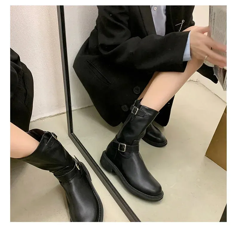 Chunky Women Short Boots Fashion Side Zippers Platform Thick Heel Motorcycle Booties Retro Style Autumn Winter Female Shoes