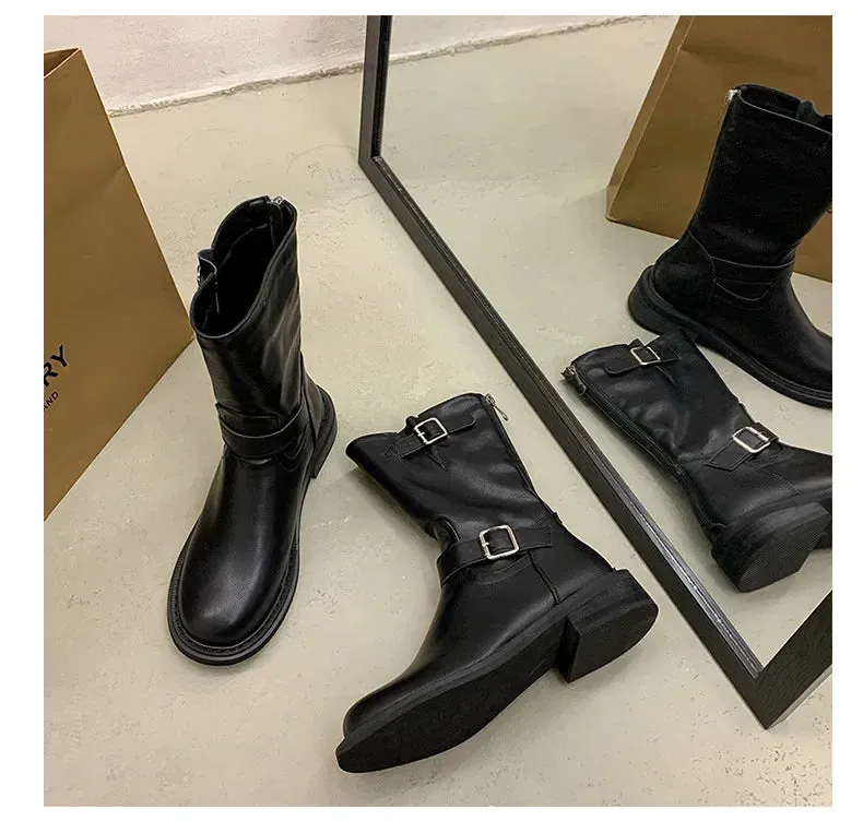 Chunky Women Short Boots Fashion Side Zippers Platform Thick Heel Motorcycle Booties Retro Style Autumn Winter Female Shoes