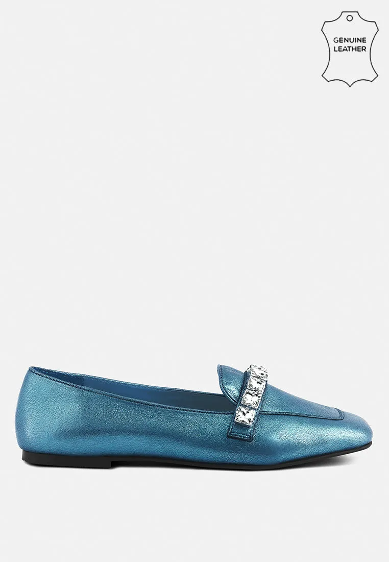 Churros Green Metallic Diamante Leather Loafers By Ruw
