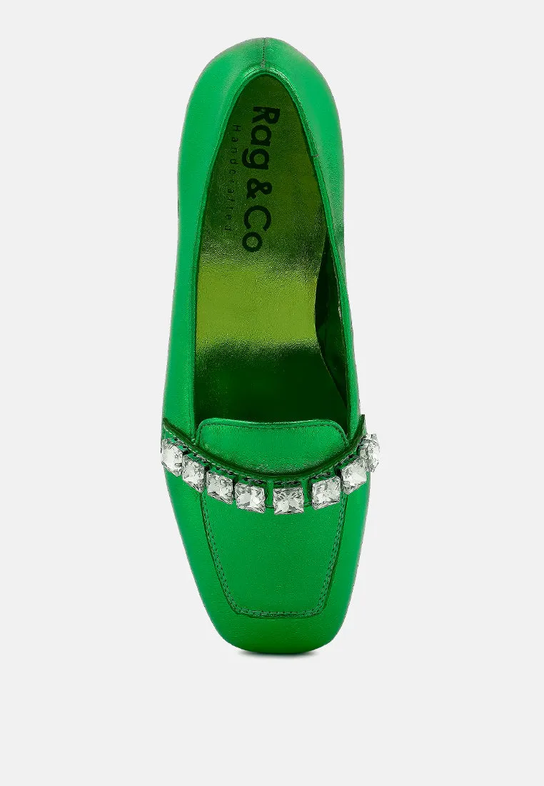 Churros Green Metallic Diamante Leather Loafers By Ruw