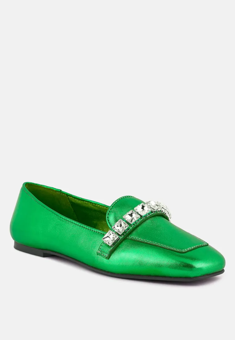 Churros Green Metallic Diamante Leather Loafers By Ruw