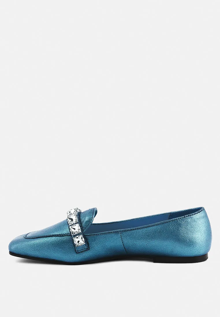 Churros Green Metallic Diamante Leather Loafers By Ruw