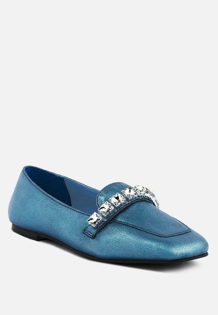 Churros Green Metallic Diamante Leather Loafers By Ruw
