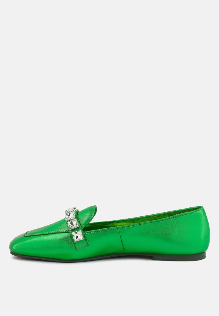 Churros Green Metallic Diamante Leather Loafers By Ruw