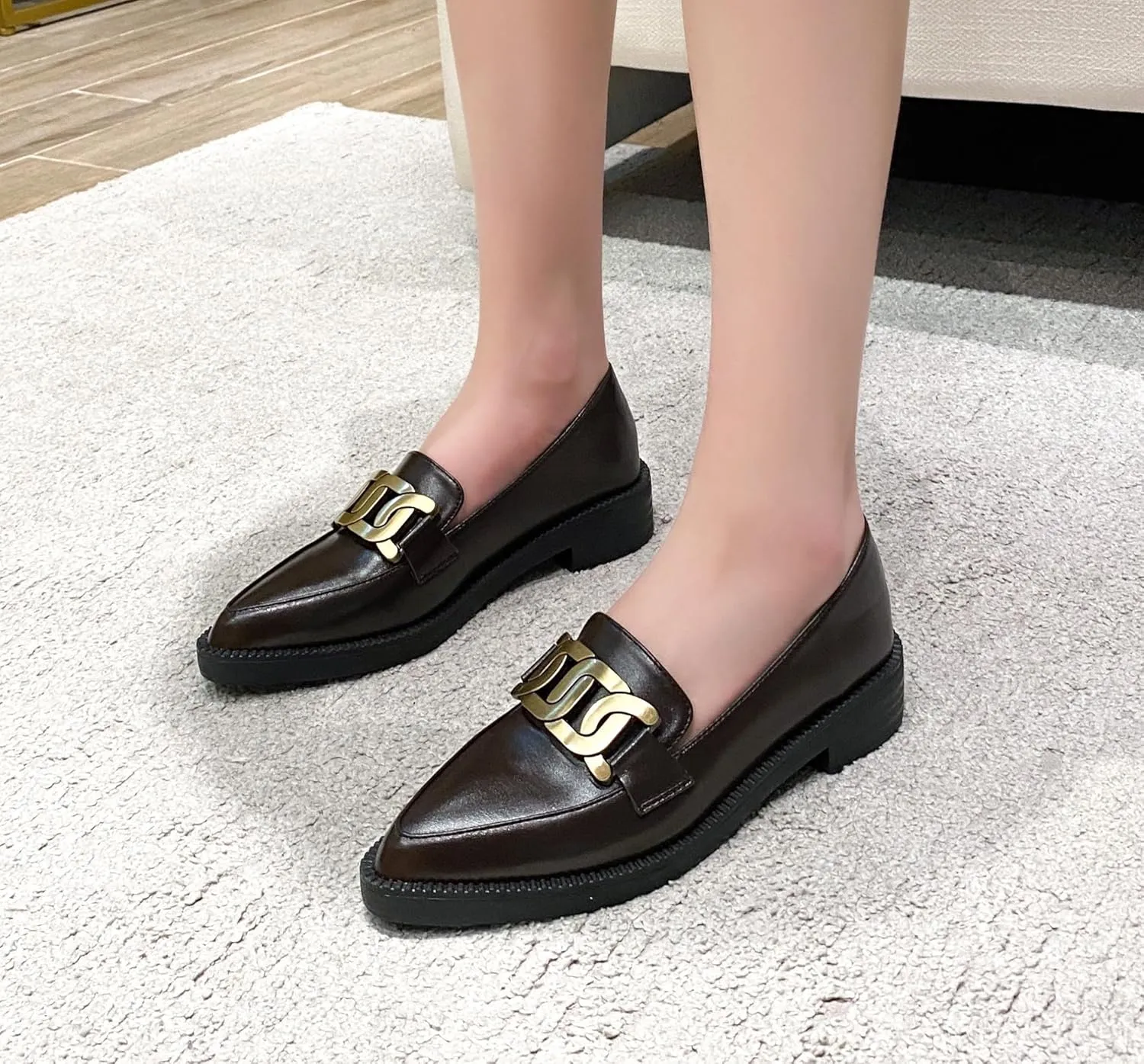Classic Women's Chunky Loafers Platform Comfortable Slip-On Dressy Business Casual Shoes with Metal