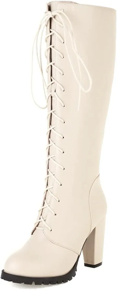 ClassicSter Womens Knee High Boots Block Chunky Mid Heels Combate Booties Strappy Buckle Motorcycle Riding Boots With Zip