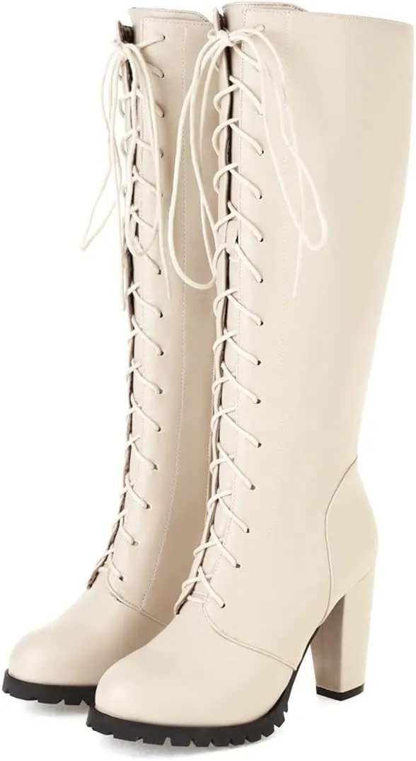 ClassicSter Womens Knee High Boots Block Chunky Mid Heels Combate Booties Strappy Buckle Motorcycle Riding Boots With Zip