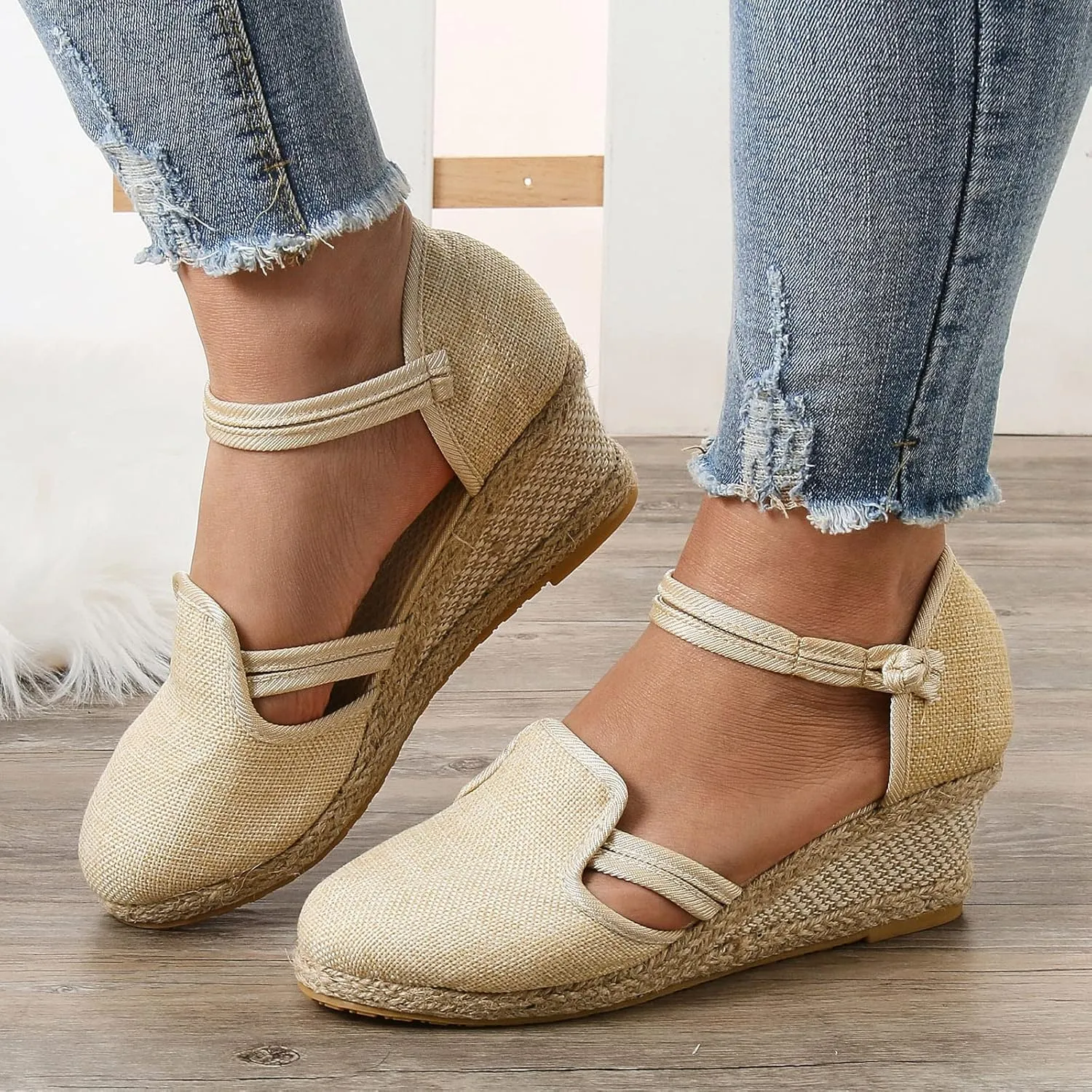 Closed Toe Sandals Women 2025, Women's Ankle Strap Espadrille Wedge Sandals Casual Low Wedge Heel Ankle Strap Espadrille Comfortable Platform Wedge Shoes