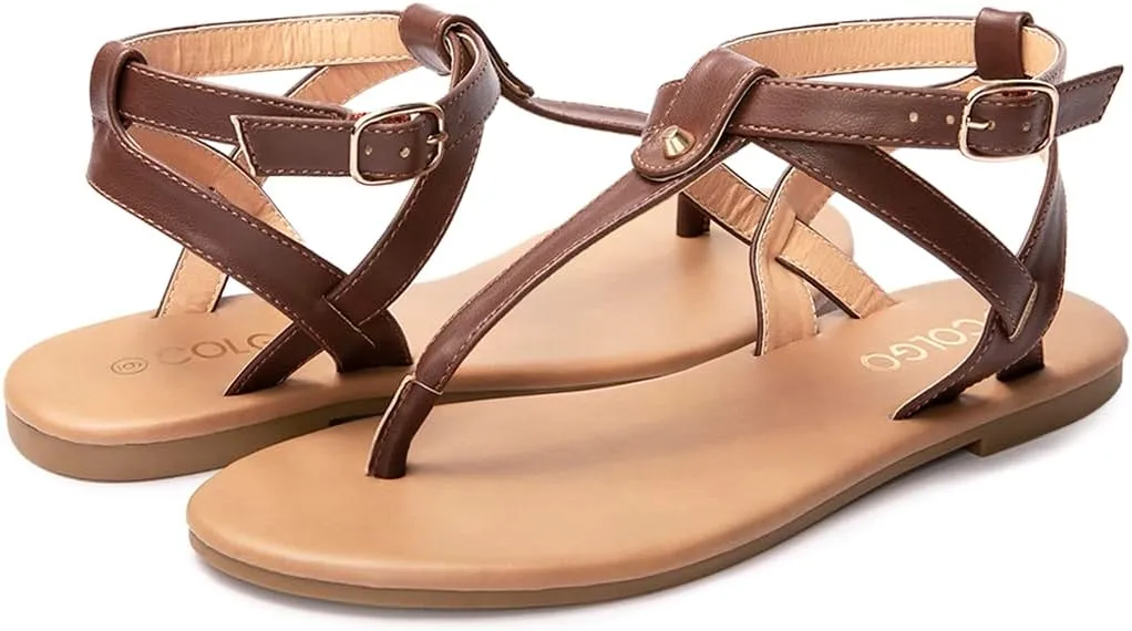Colgo Thong Flat Sandals, Casual Women T-Strap Dress Sandals with Adjustable Ankle Buckle for Summer Wedding