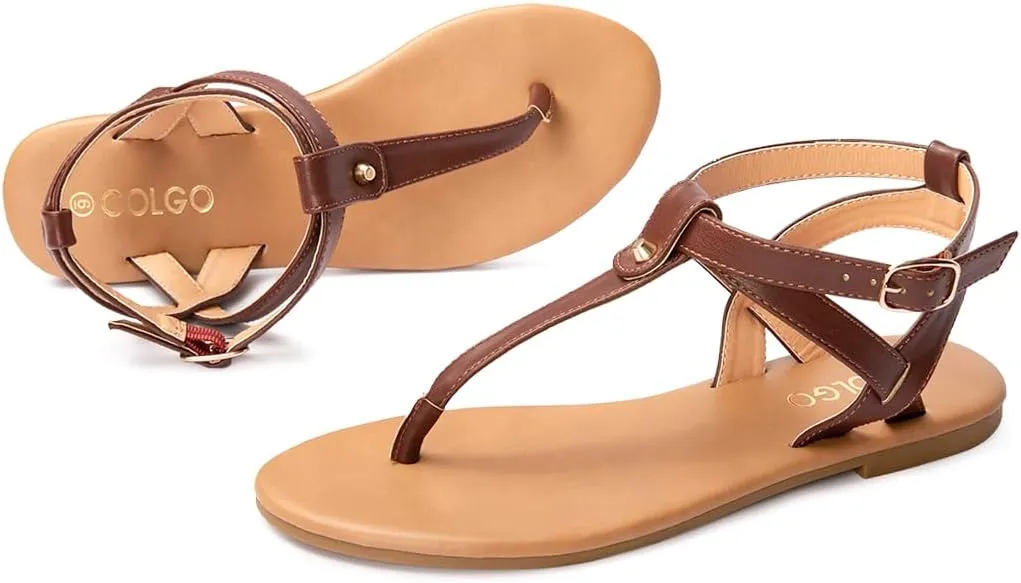 Colgo Thong Flat Sandals, Casual Women T-Strap Dress Sandals with Adjustable Ankle Buckle for Summer Wedding