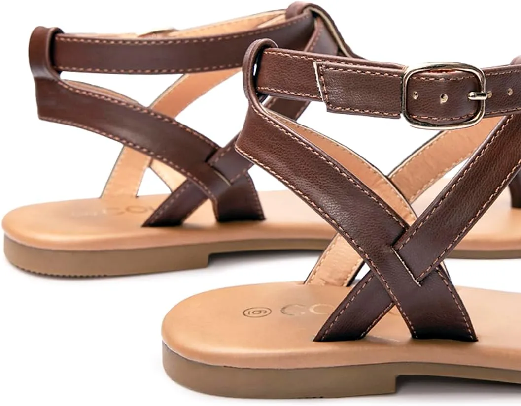 Colgo Thong Flat Sandals, Casual Women T-Strap Dress Sandals with Adjustable Ankle Buckle for Summer Wedding
