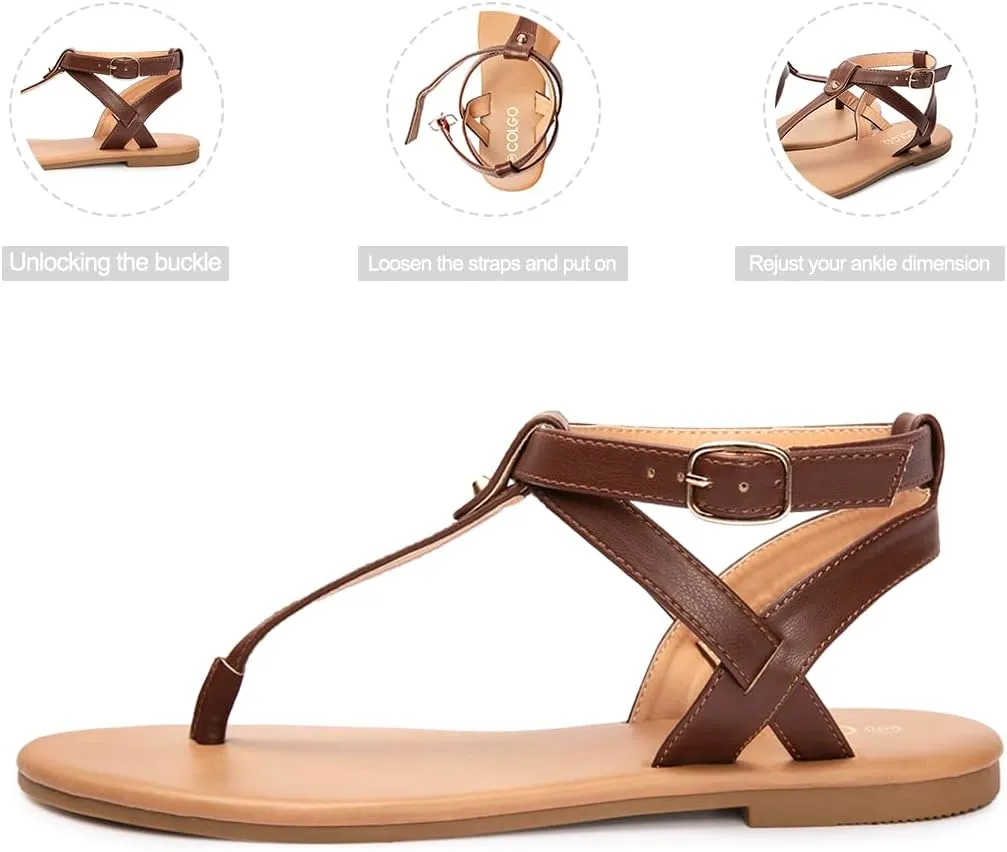 Colgo Thong Flat Sandals, Casual Women T-Strap Dress Sandals with Adjustable Ankle Buckle for Summer Wedding