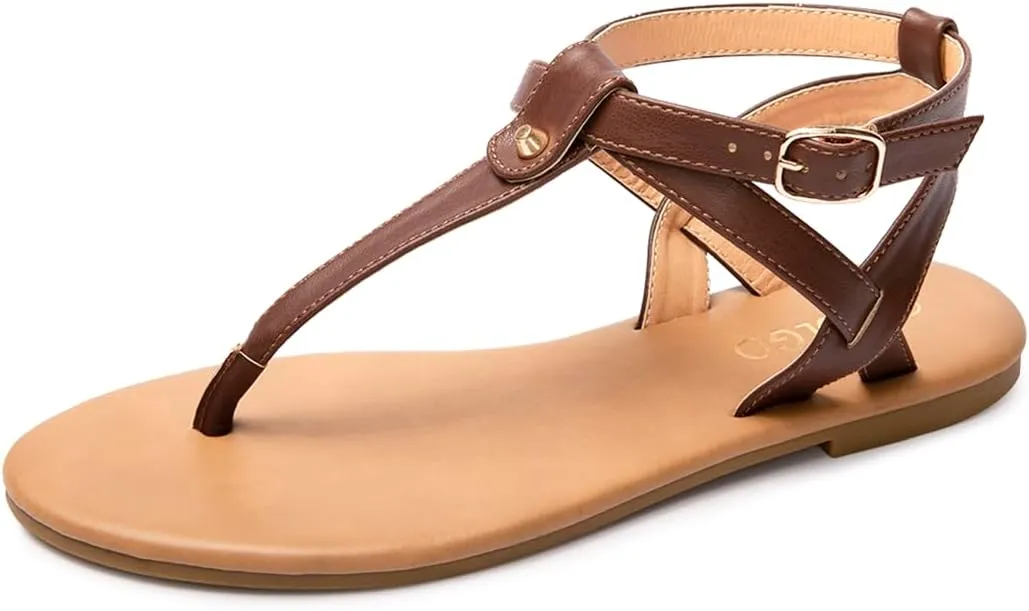 Colgo Thong Flat Sandals, Casual Women T-Strap Dress Sandals with Adjustable Ankle Buckle for Summer Wedding