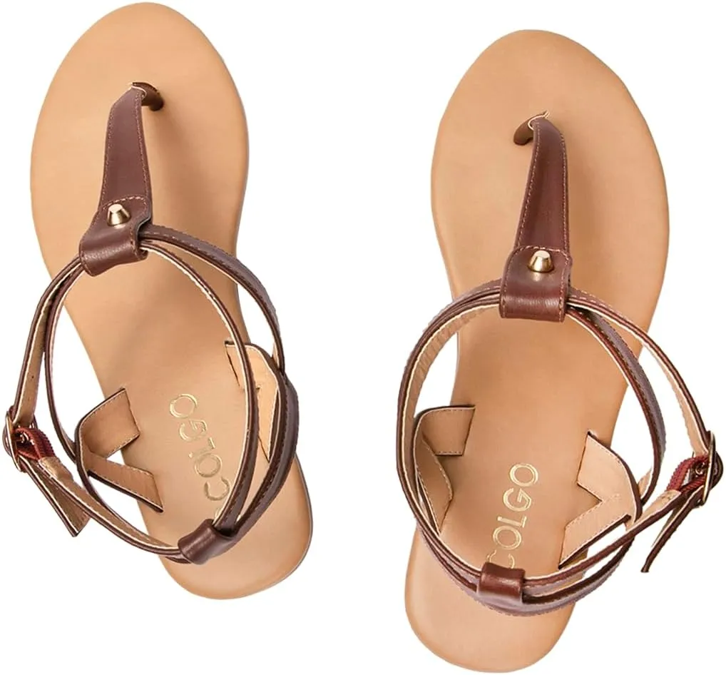 Colgo Thong Flat Sandals, Casual Women T-Strap Dress Sandals with Adjustable Ankle Buckle for Summer Wedding