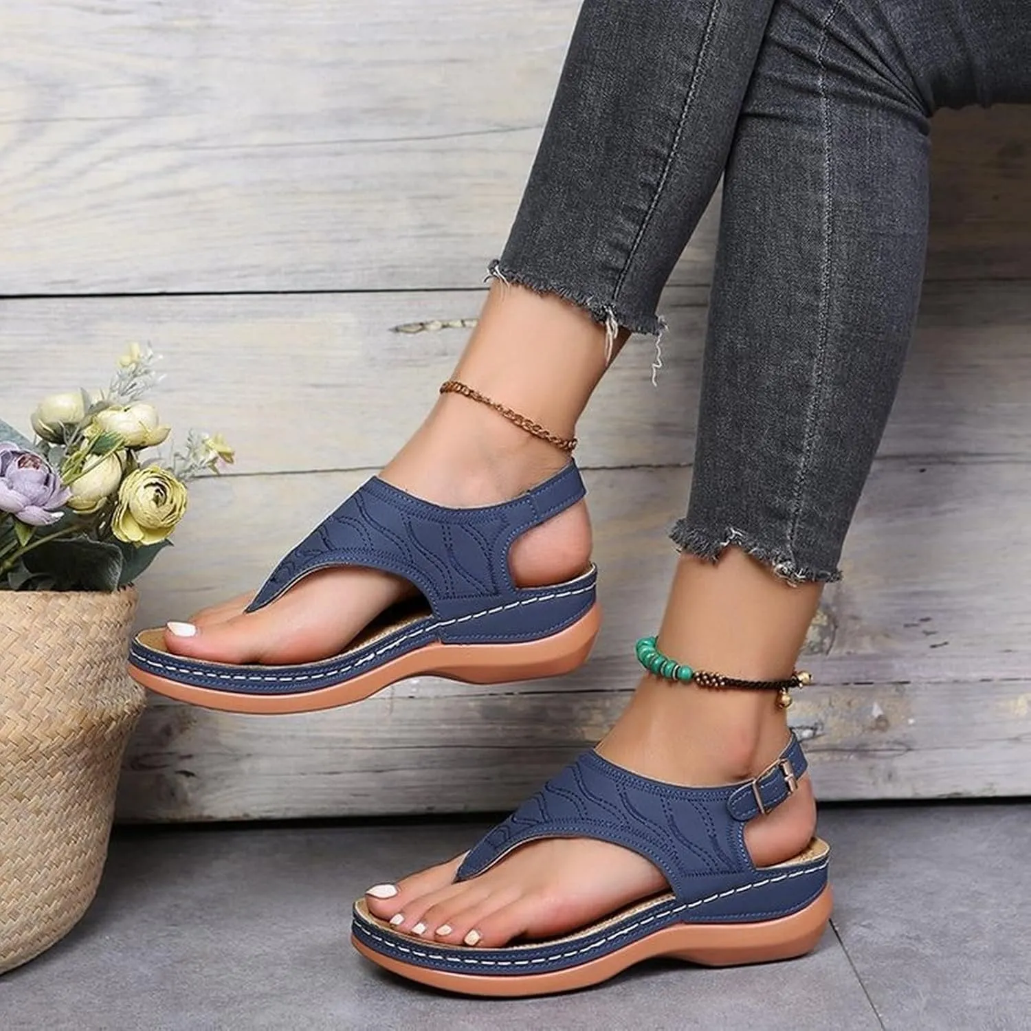 Comfortable Sandals for Women Wiide Width Ankle Strap Flips Flops Summer Dressy Boho Beach Walking Wedge