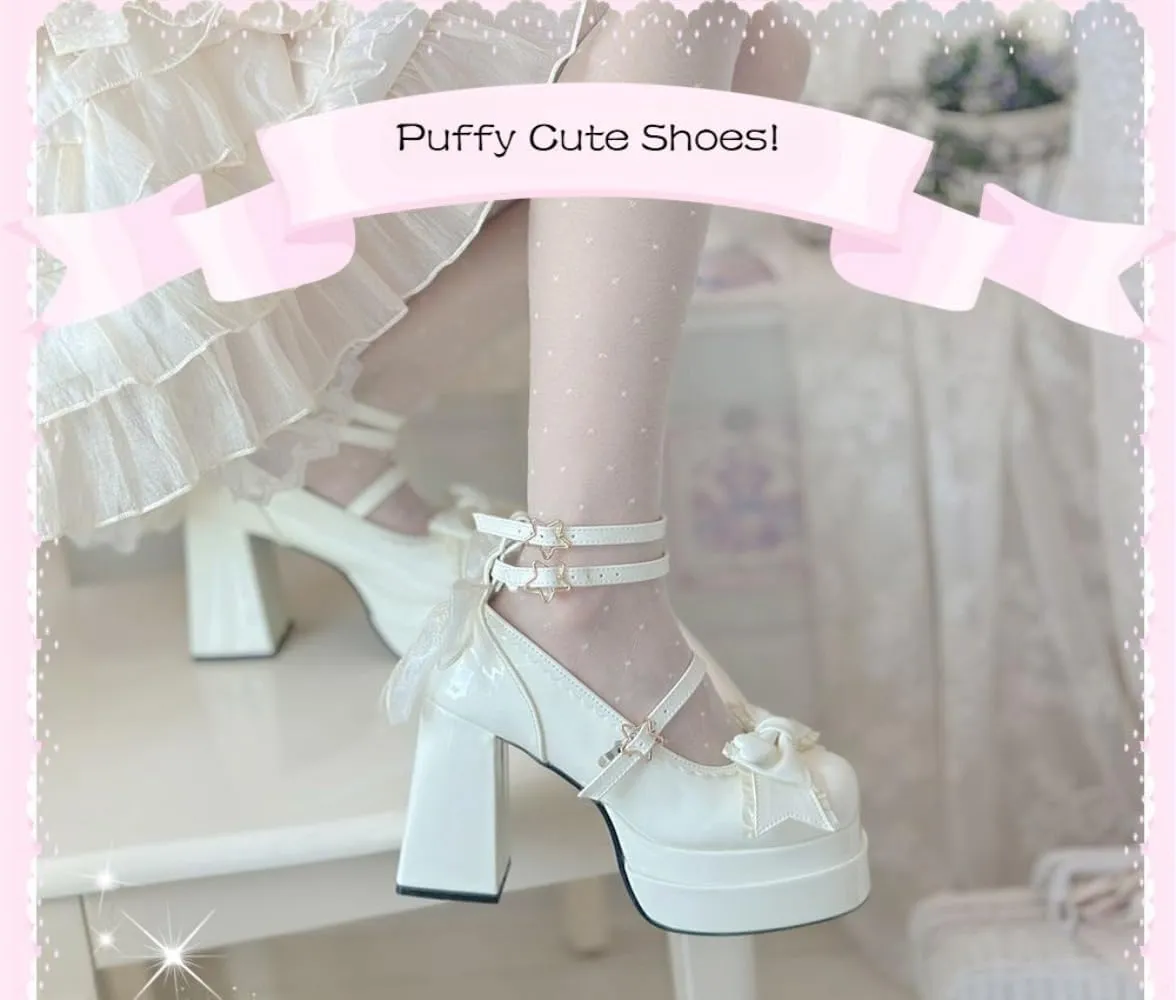 Coquette Star Emo Shoes Heels Bow Mary Janes Platform Women Goth Leather Dressy Ankle Strap Round Closed Toes Chunky Kawaii Lolita Shoes Y2K Retro Trendy Back To School Gift for Daughter Granddaughter