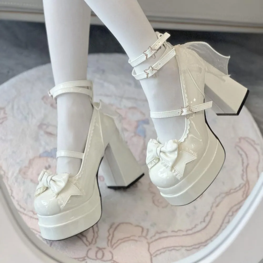 Coquette Star Emo Shoes Heels Bow Mary Janes Platform Women Goth Leather Dressy Ankle Strap Round Closed Toes Chunky Kawaii Lolita Shoes Y2K Retro Trendy Back To School Gift for Daughter Granddaughter