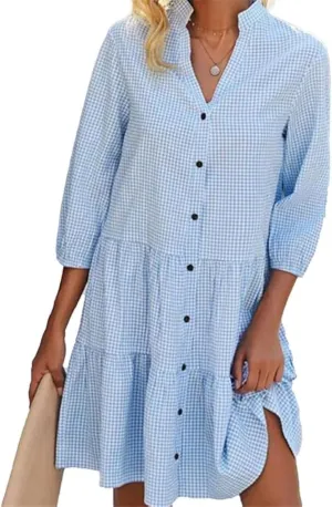 CORIRESHA Women's Vintage Gingham Button Half Sleeves Layered Plaid Shirt Dress