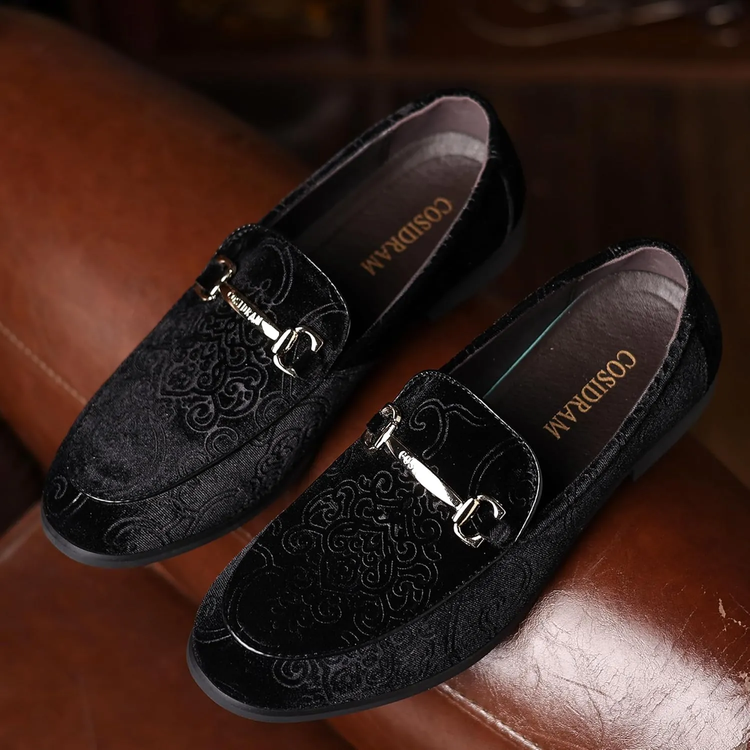 COSIDRAM Men's Velvet Penny Loafers Luxury Vintage Jacquard Pattern Classic Gold Buckle Party Prom Dress Shoes